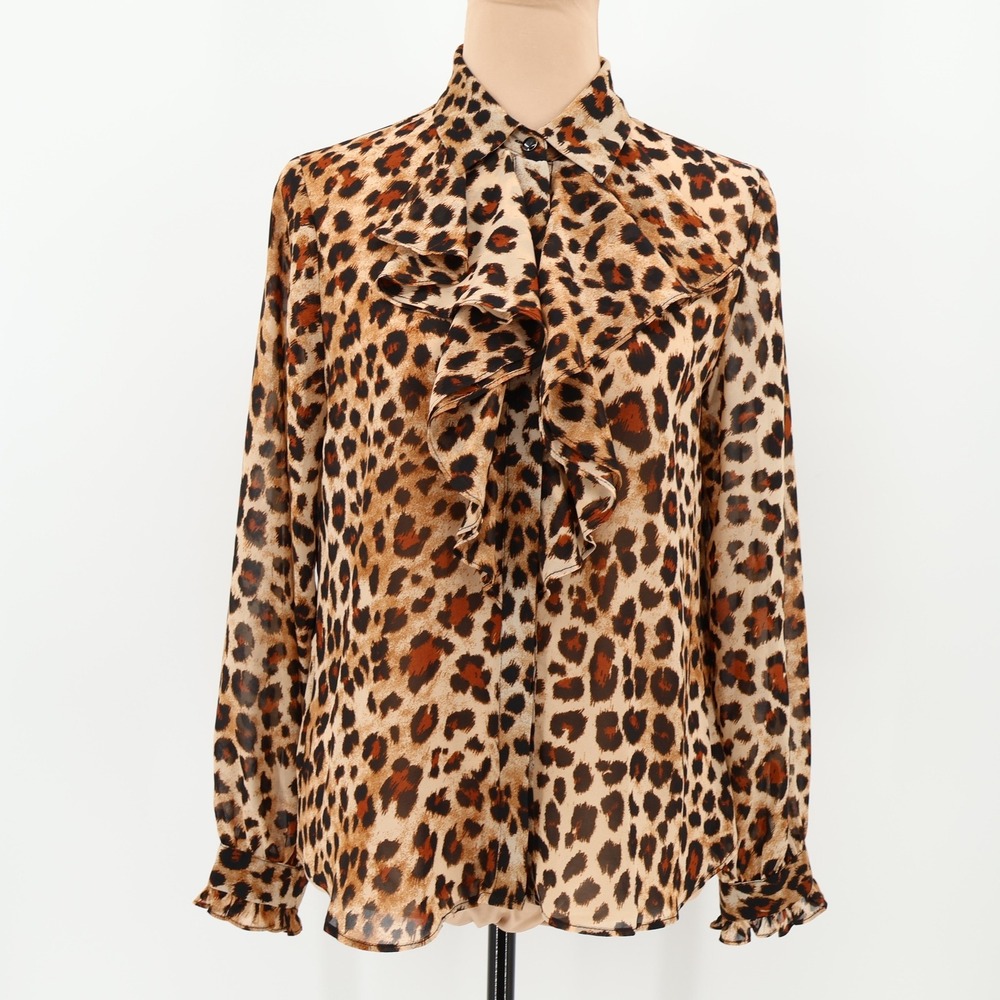 Zara Leopard Print Ruffle Blouse‎ Top Womens Office Siren Career Button Size XS